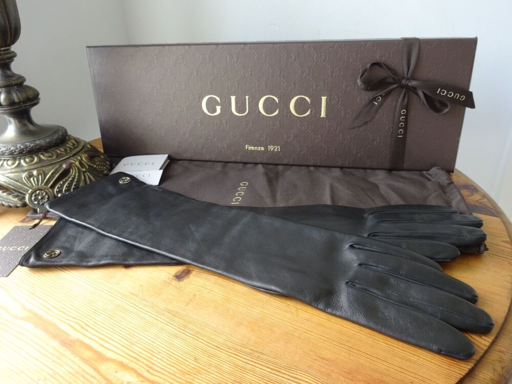 Gucci GG Soho Long Black Ladies Gloves in Black Lambskin with Shiny Pale Go