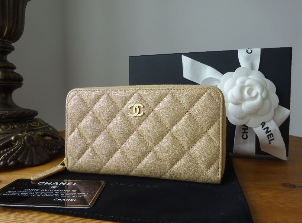 Chanel Medium Zip Around Wallet in Iridescent Beige Quilted Caviar with