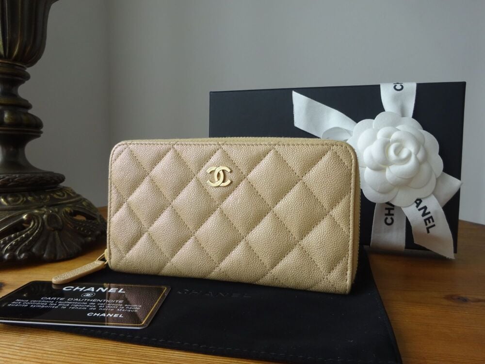 Chanel Medium Zip Around Wallet in Iridescent Beige Quilted Caviar