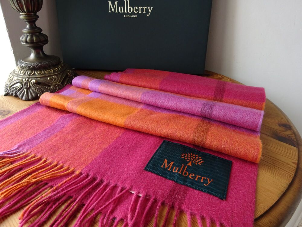 Mulberry Heritage Small Check Fringed Winter Scarf in wild Berry Red & Foxg