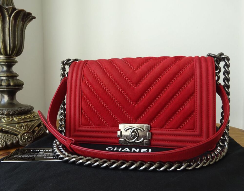 Chanel Boy Old Medium in Red Chevron Quilted Suede with Ruthenium Hardware