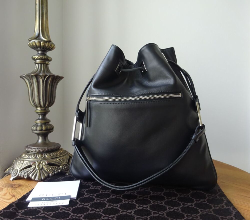 Gucci Vintage Drawstring Shoulder Bag in Black Calfskin with Shiny Silver Hardware - SOLD