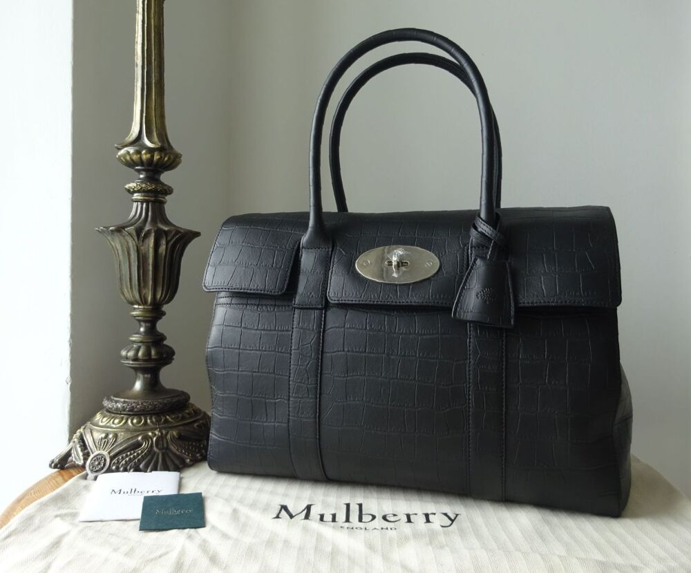 Mulberry Classic Heritage Bayswater in Black Matte Croc with Brushed Silver