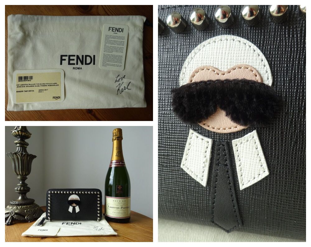 FENDI Karl Lagerfeld 'Karlito' Studded Large Zip Around Wallet in Black Vitello Elite Calfskin