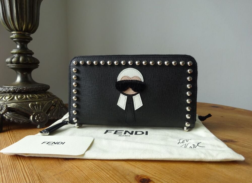FENDI Karl Lagerfeld 'Karlito' Studded Large Zip Around Wallet in Black Vitello Elite Calfskin
