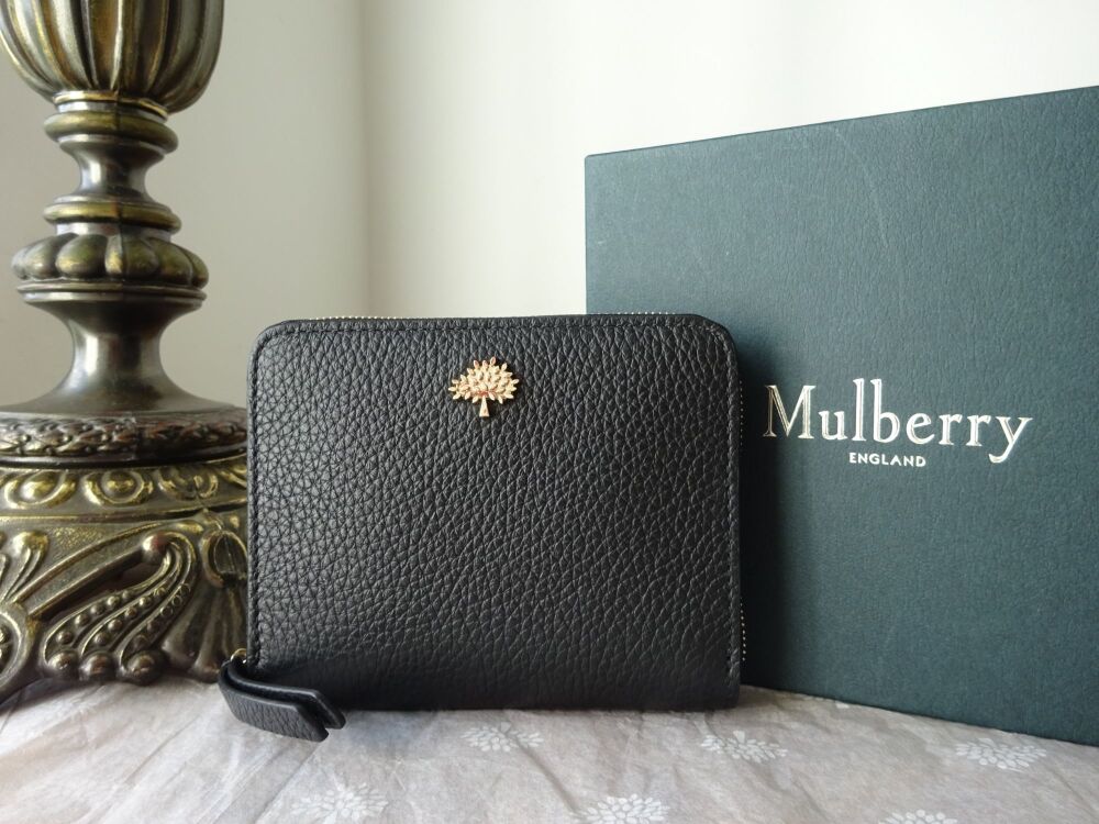 Mulberry Tree Small Zip Around Purse Wallet in Black Classic Grain with Gol
