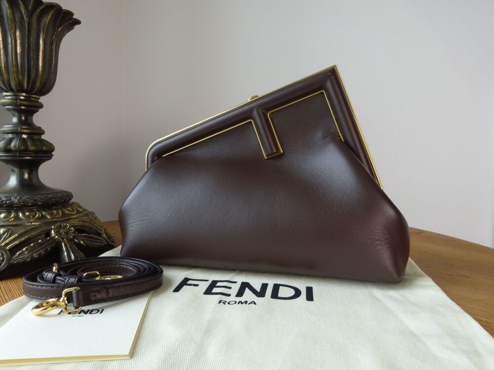 Fendi First Small Shoulder Clutch in Dark Brown Nappa with Gold Hardware