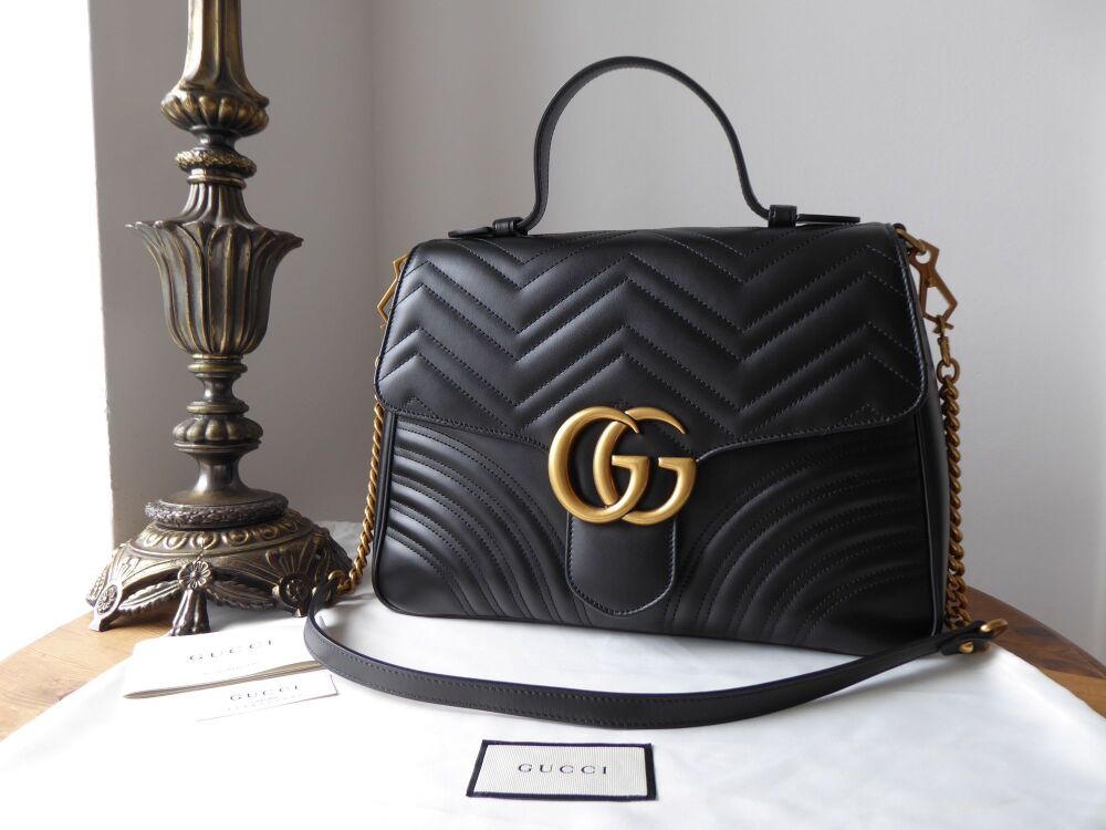 Gucci GG Marmont Medium Top Handle Shoulder Bag in Black Matelassé Calfskin