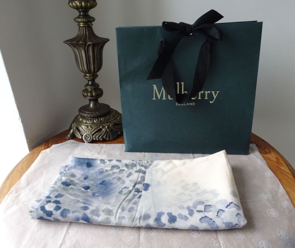 Mulberry Painted Fringe Animal Airbrushed Border Square Scarf Wrap in Foggy Grey Silk & Cotton Mix - As New