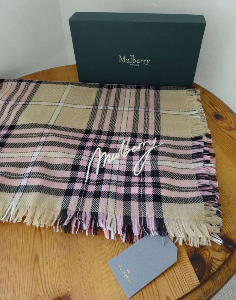 Mulberry Signature Large Square Scarf Wrap in Oak and Pink 100% Wool - New