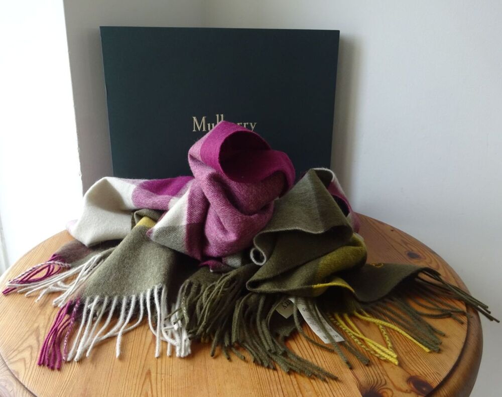 Mulberry Large Check Scarf Shawl in Khaki & Berry Lambswool - SOLD