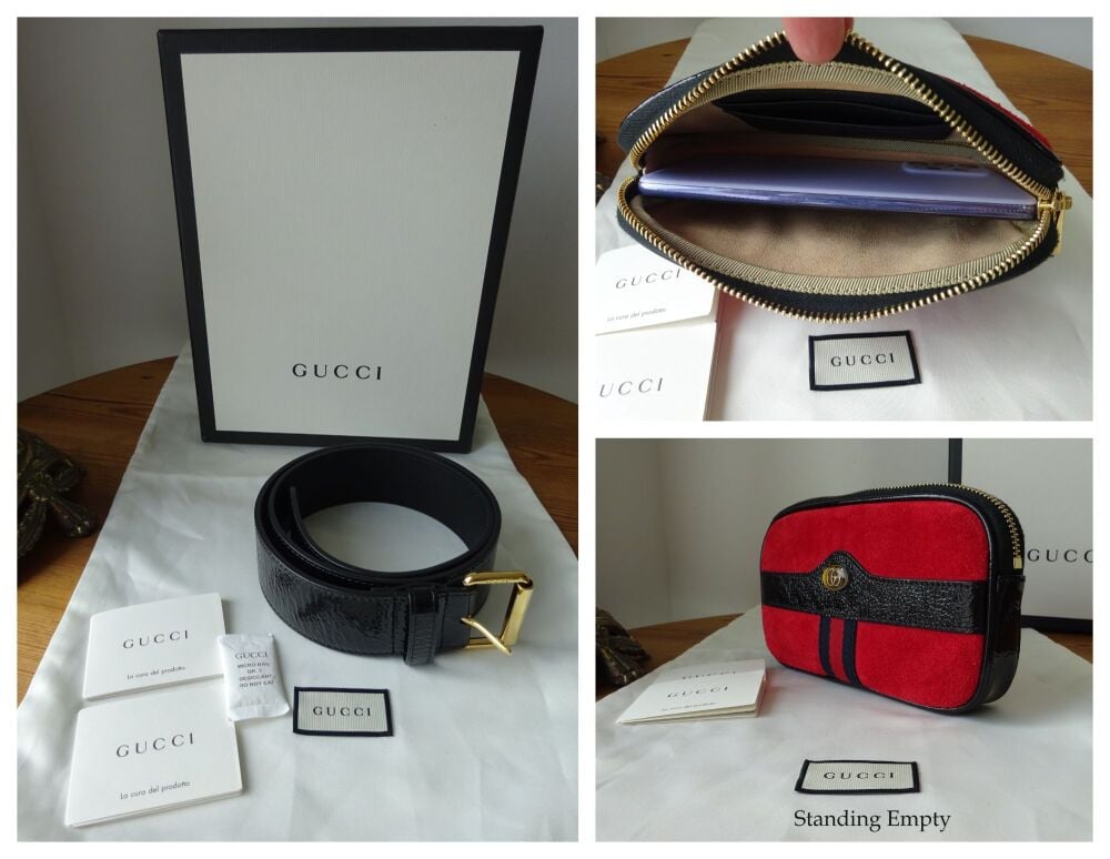 Gucci Ophidia Belt Pouch Bag in Red Suede with Black Patent Naplak Trims