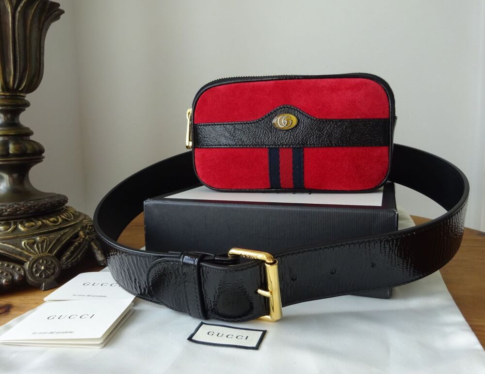 Gucci Ophidia Belt Pouch Bag in Red Suede with Black Patent Naplak Trims