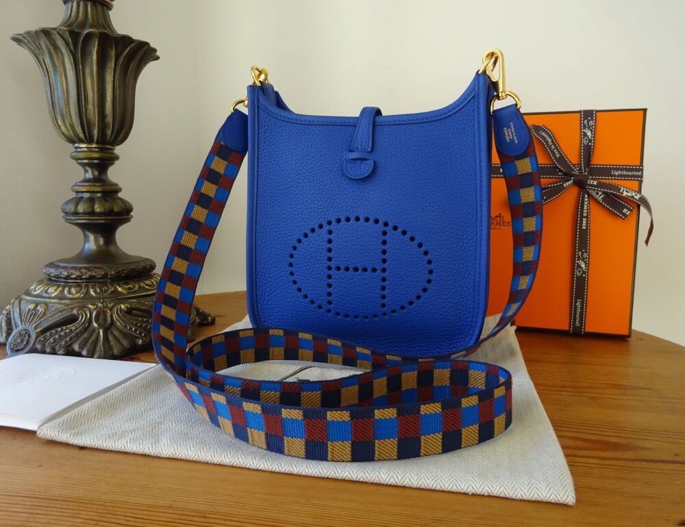 Hermés Evelyne TPM Mini 16 Amazone in Royal Bleu Taurillon Clemence with Maxi Qaudrille Strap - As New