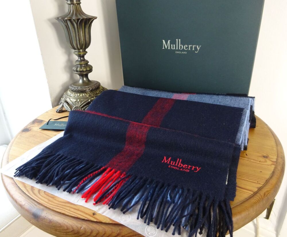 Mulberry Large Check Winter Scarf Shawl in Dark Navy Lambswool - New