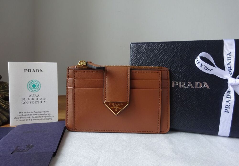 Prada Card Holder Zip Case in Cognac City Calf Leather with Shiny Gold Hardware - SOLD