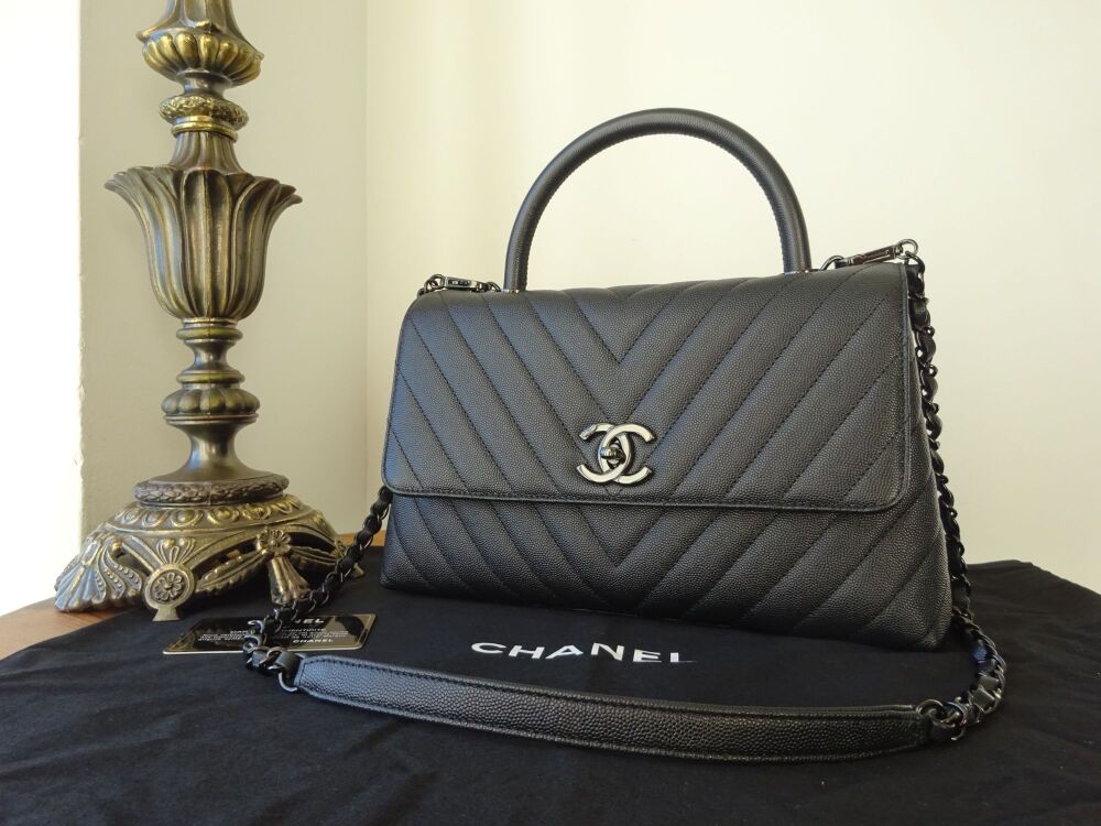 Chanel So Black Coco Handle Medium Flap in Chevron Quilted Caviar