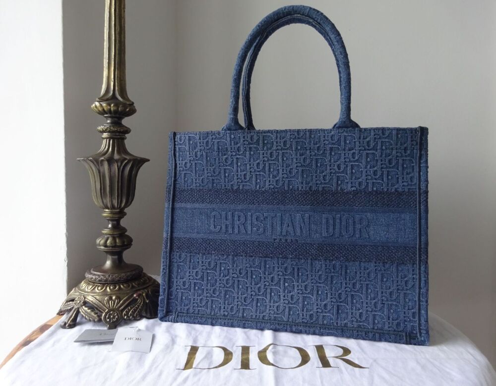 Christian Dior Medium Dior Book Tote in Blue Denim Oblique Embroidery - SOLD