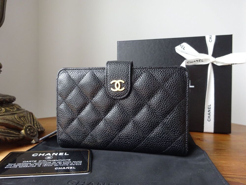 Chanel Bifold Medium Wallet in Black Quilted Caviar with Gold Hardware