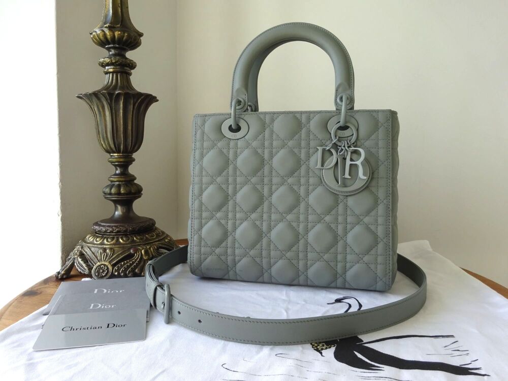 Dior Lady Dior Medium in Ultramatte in Stone Grey Cannage Quilted Calfskin