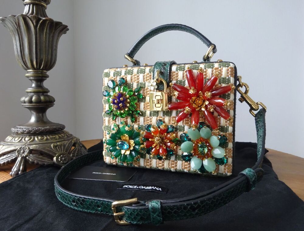 Dolce & Gabbana Dolce Box Bag in Jewelled Raffia and Green Python