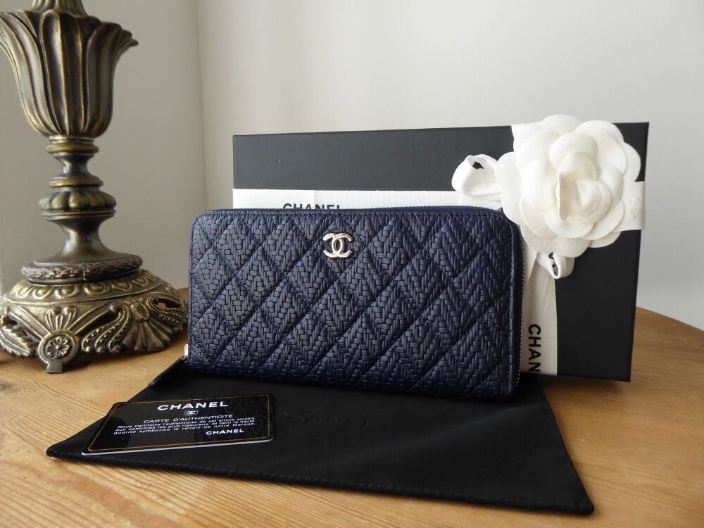 Chanel Large Continental Zip Around Wallet Purse in Marine Blue Embossed Tweed Textured Lambskin