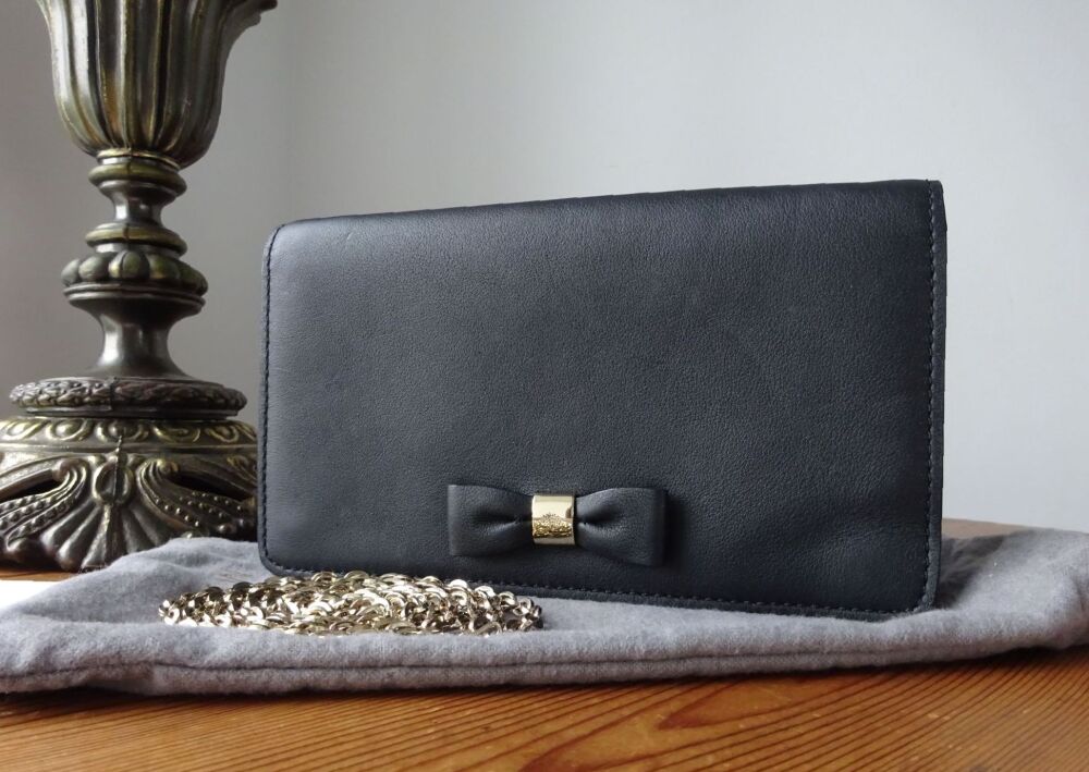 Mulberry Bow Shoulder Clutch Wallet on Chain in Black Silky Classic Calf Leather