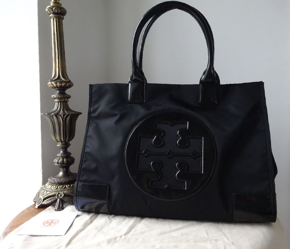 Tory Burch Ella Tote Shoulder Bag in Black Nylon with Patent Trims - SOLD