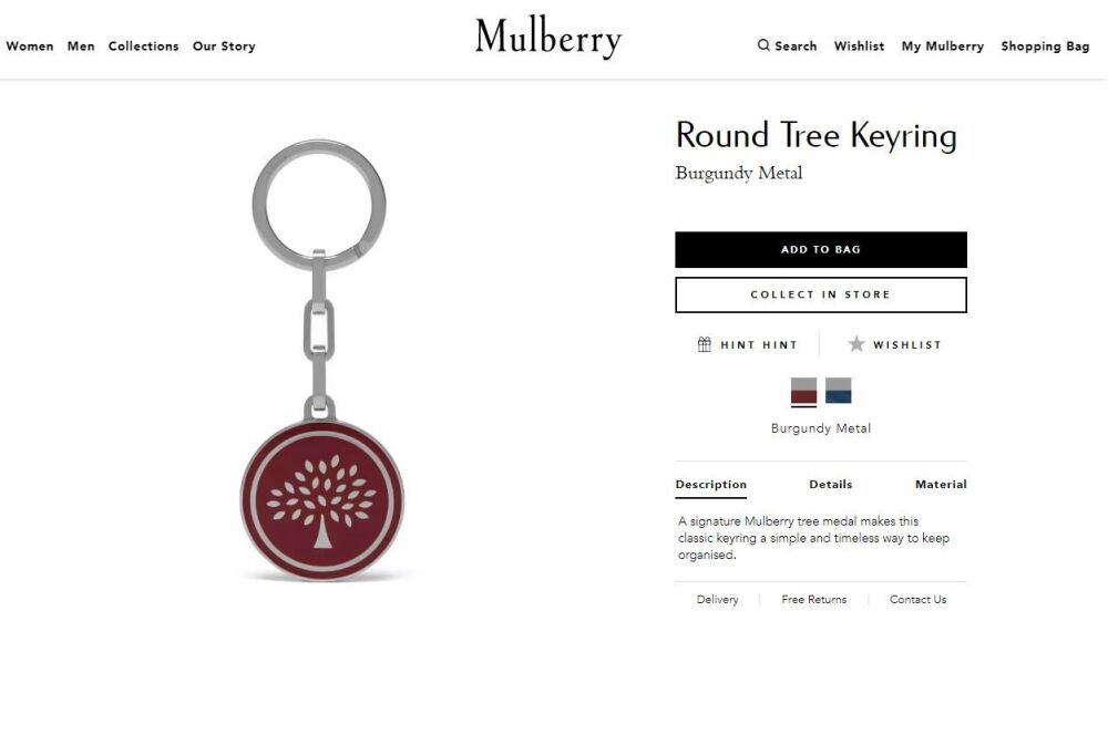 Mulberry Tree Round Keyring in Burgundy Enamel with Shiny Silver Hardware - New