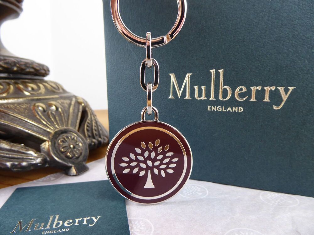 Mulberry Tree Round Keyring in Burgundy Enamel with Shiny Silver Hardware -