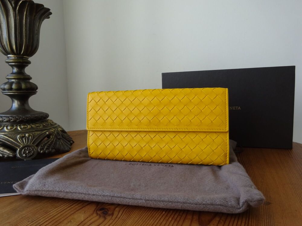 Bottega Veneta Long Bifold Wallet in Marigold Yellow Intrecciato - New