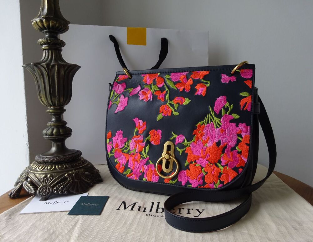Mulberry Amberley Floral Embroidered Satchel in Midnight Smooth Calf - SOLD