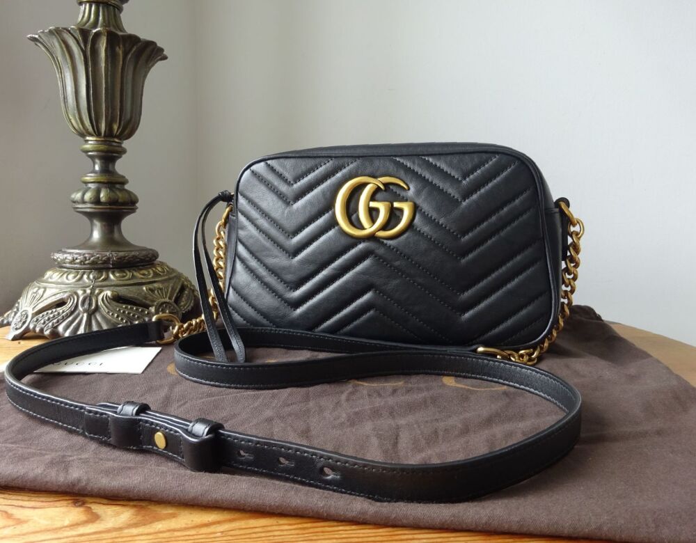 Gucci GG Marmont Small Shoulder Camera Bag in Black Matelassé Calfskin