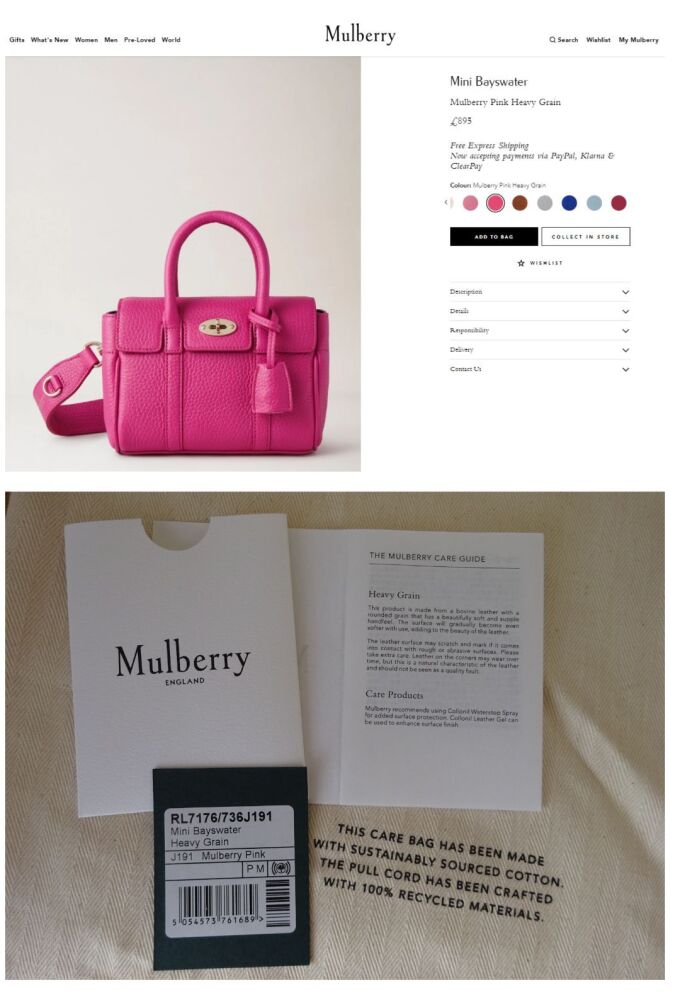 Mulberry Mini Bayswater in Mulberry Pink Heavy Grain Leather - New*