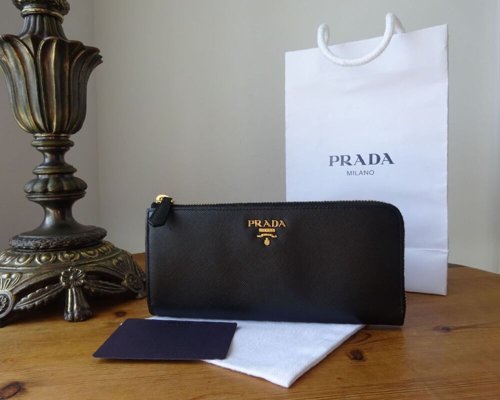 Prada Long Part Zip Around Continental Wallet in Saffiano Noir with Gold Hardware