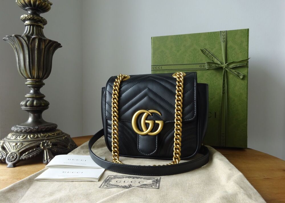 Gucci Marmont Mini Shoulder Flap Bag Black Matelass&eacute; Quilted Calfskin New