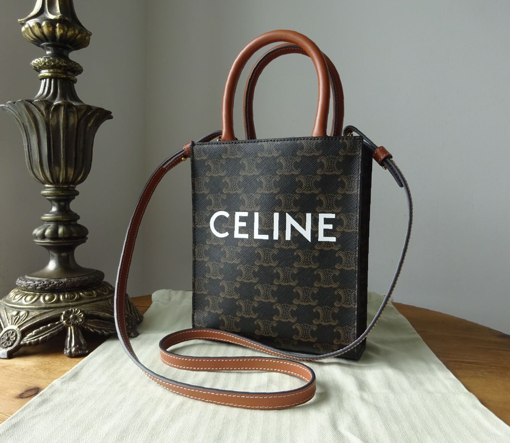 Celine Mini Vertical Cabas Two Way Tote Bag in Triomphe Canvas