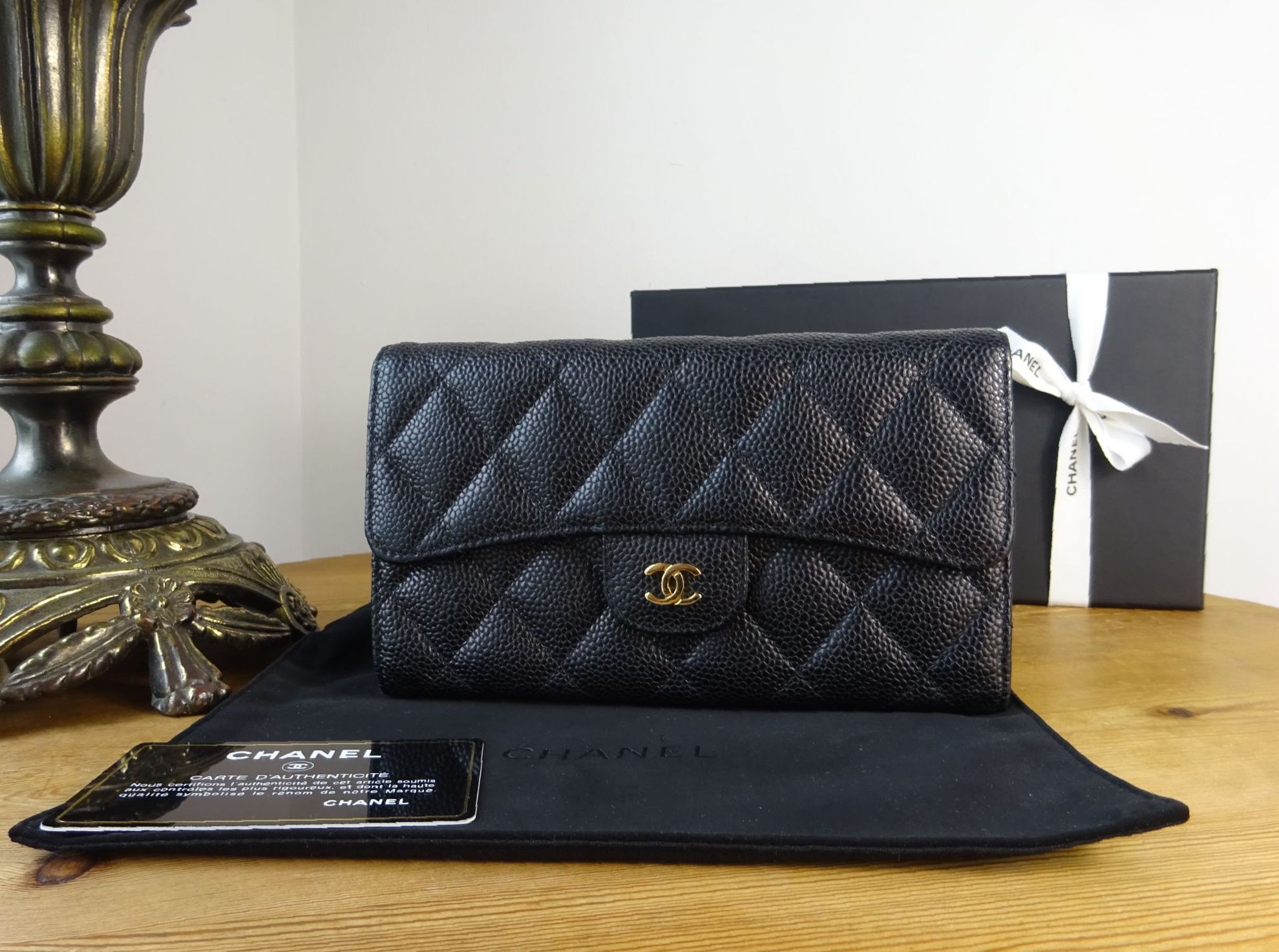 Chanel Classic Long Flap Wallet in Black Caviar with Gold Hardware
