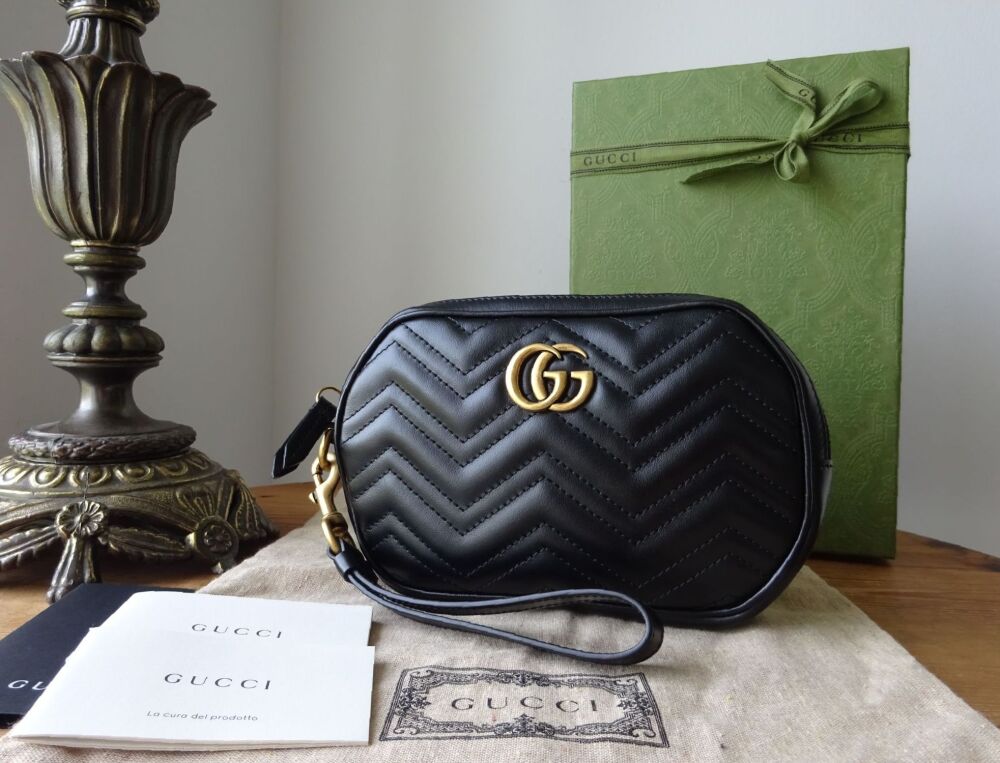 Gucci GG Marmont Wristlet Pouch in Black Matelass&eacute; Quilted Calfskin New