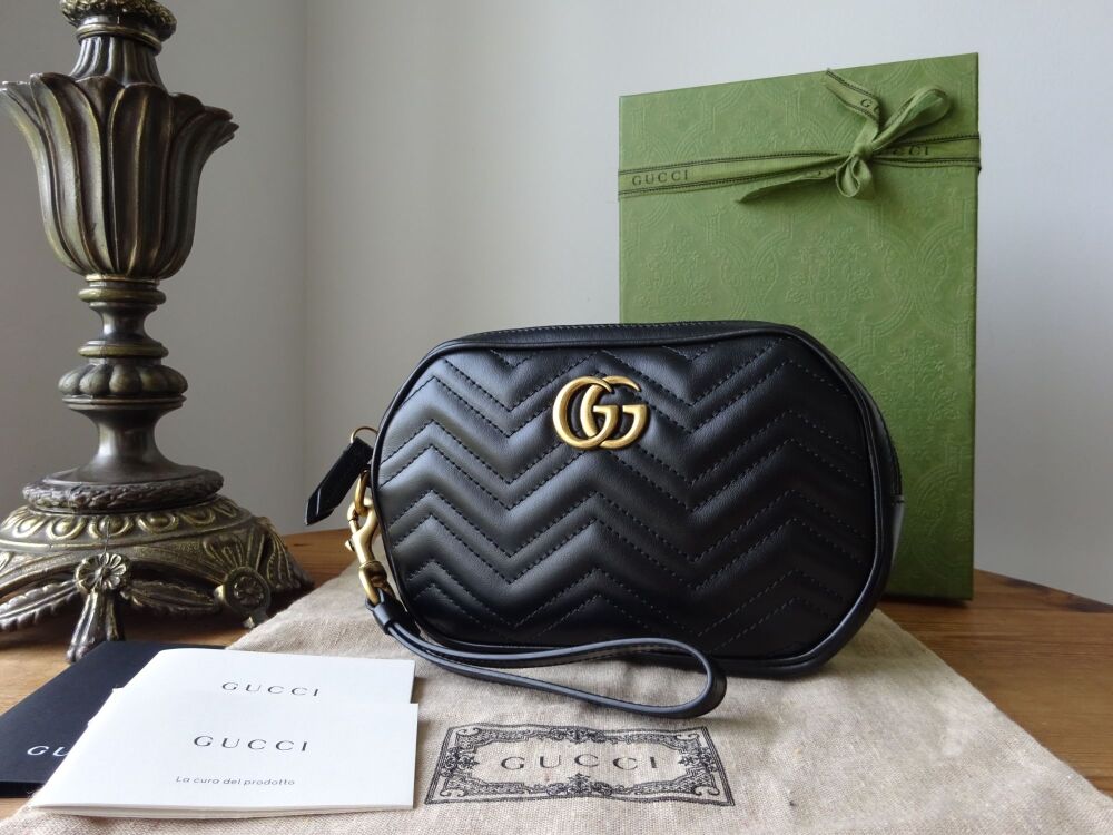 Gucci GG Marmont Wristlet Pouch in Black Matelassé Quilted Calfskin - New*