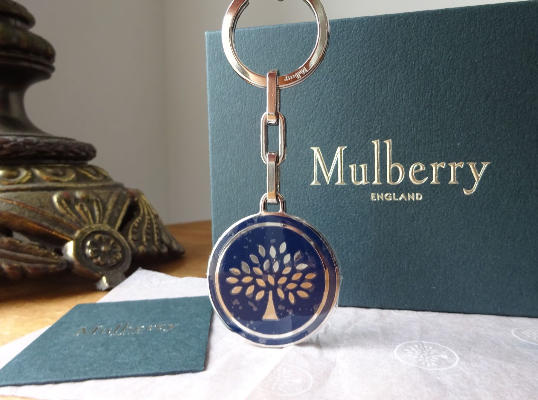 Mulberry Tree Round Keyring in Navy Enamel with Shiny Silver Hardware New