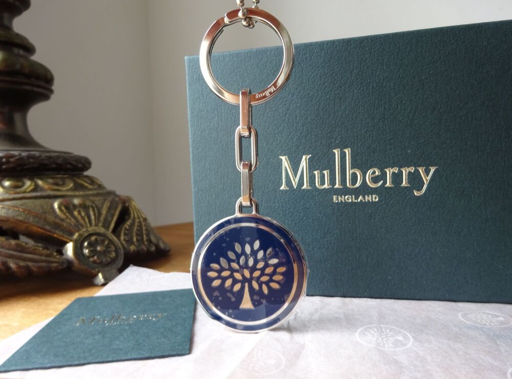 Mulberry Tree Round Keyring in Navy Enamel with Shiny Silver Hardware - New