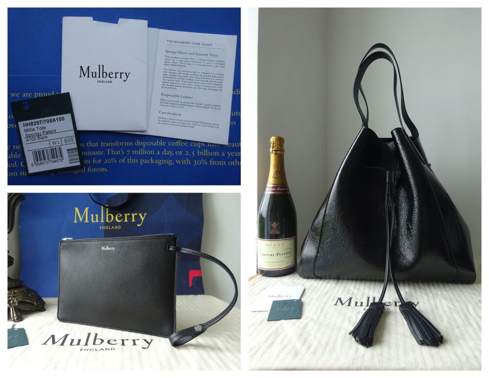 Mulberry Large Millie Tote in Black Spongy Patent Leather - New