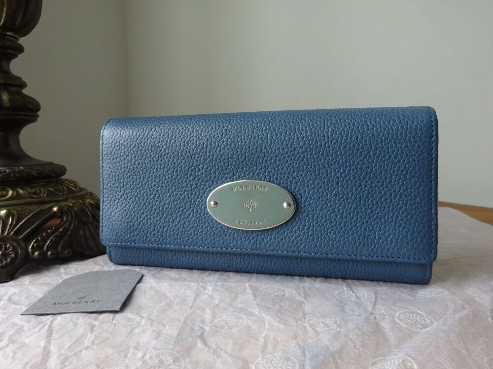 Mulberry Plaque Continental Flap Long Wallet Purse in Steel Blue Small Classic Grain