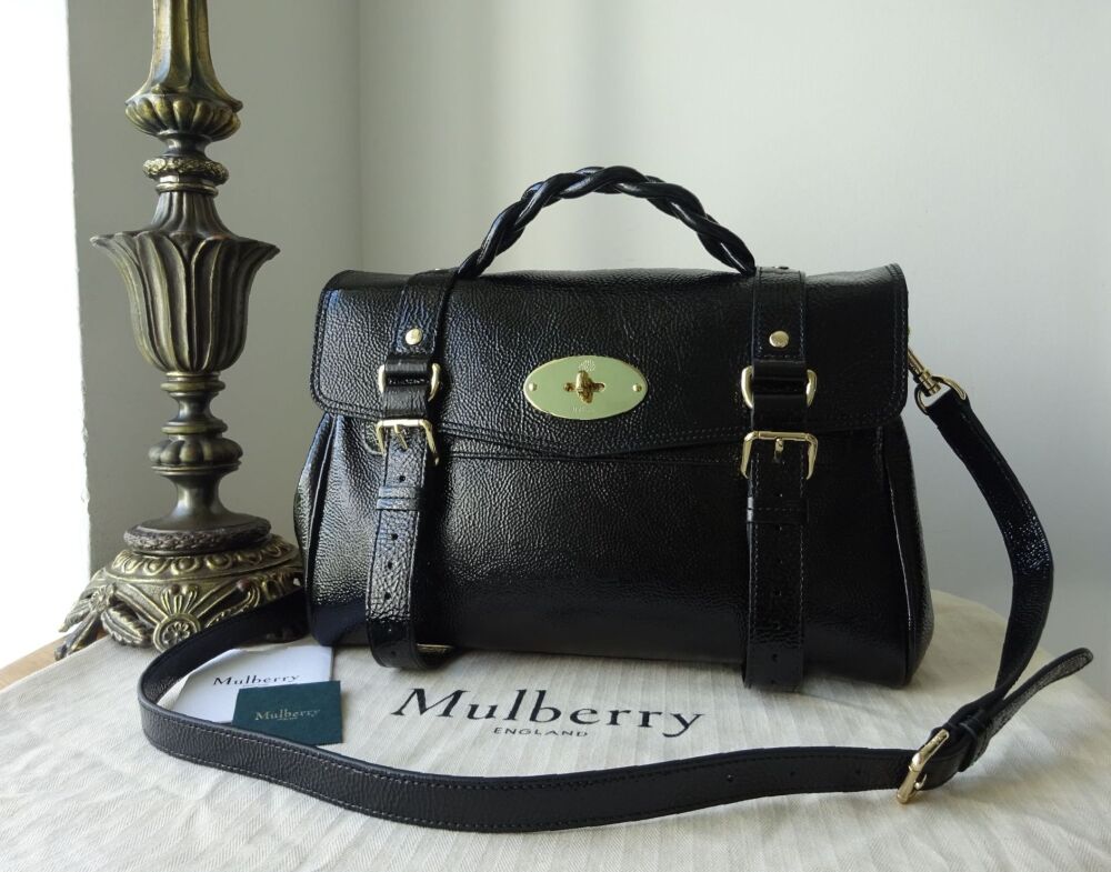Mulberry Bespoke Alexa Regular Sized Sustainable Icon Satchel in Black Spongy Patent Leather - As New*