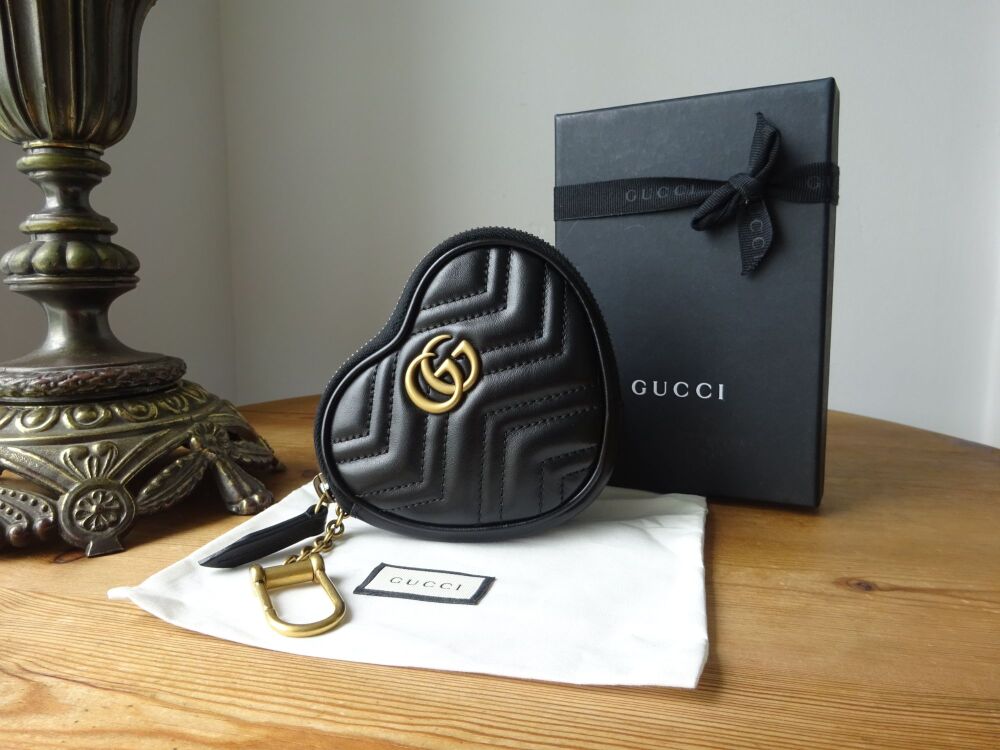 Gucci Marmont Heart Zipped Key Pouch Coin Purse in Black Matelassé Calfskin