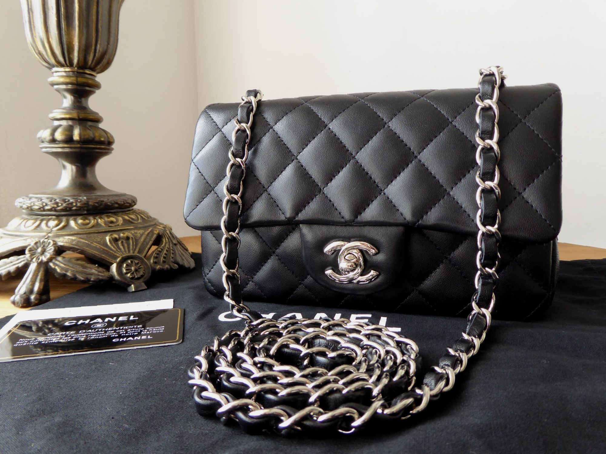 Chanel Classic Mini Rectangular Flap Bag in Black Lambskin with Silver Hard