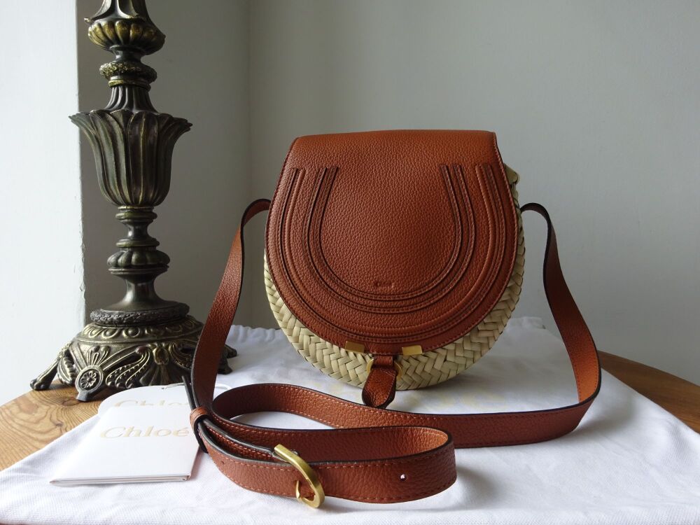 Chloé Marcie Raffia and Tan Calfskin Leather Saddle Bag