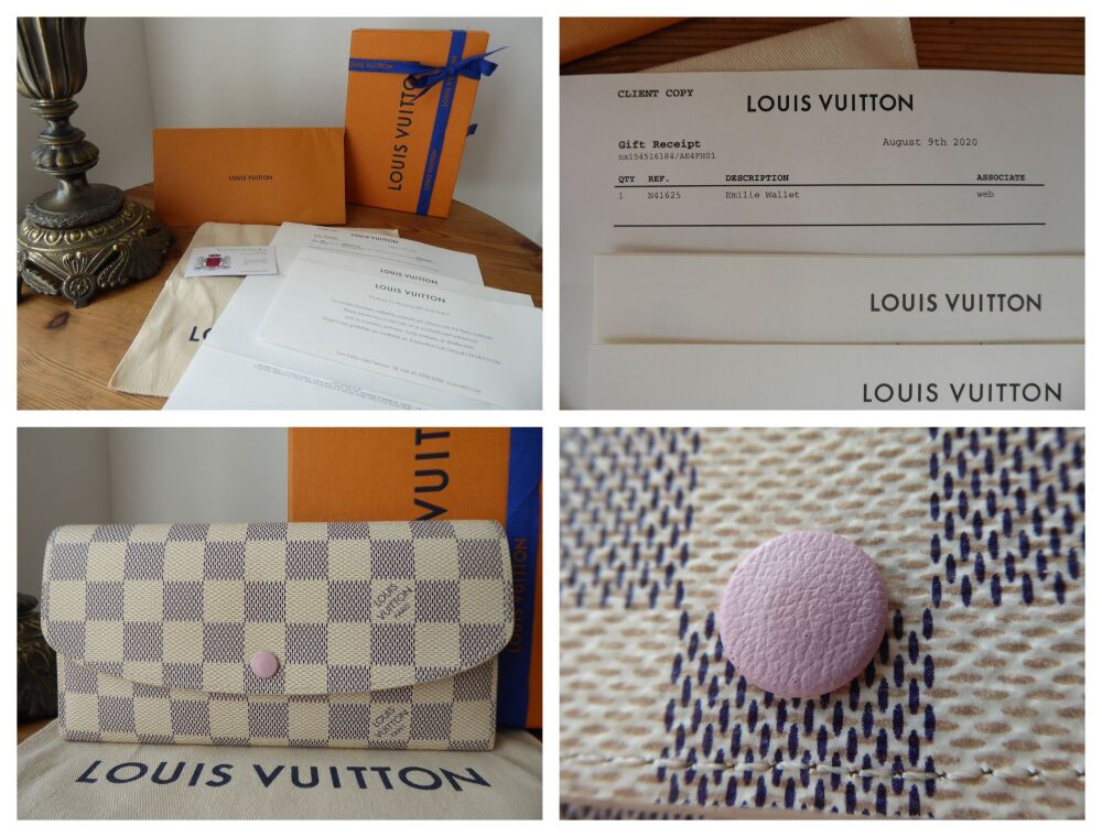 Louis Vuitton Emilie Continental Wallet Purse in Damier Azur Rose Ballerine with Leather Clad Popper