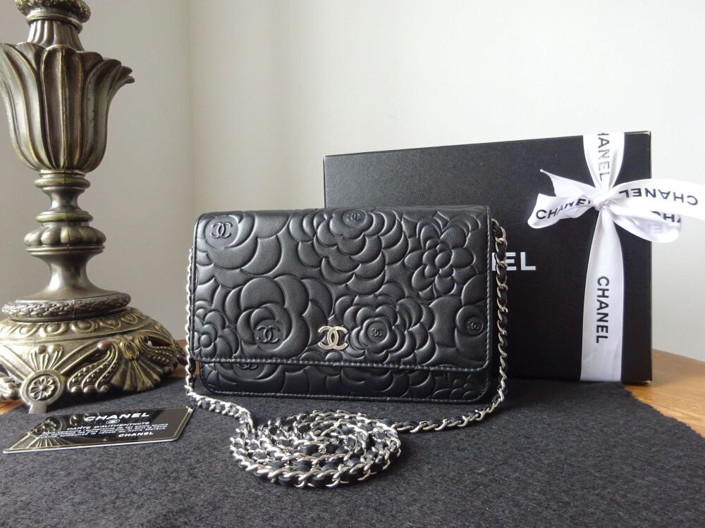 Chanel Camellia Embossed Wallet on Chain in Black Lambskin with Silver Hardware